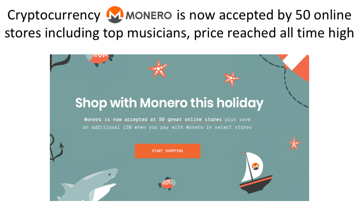 Cryptocurrency Monero is now accepted by 50 online stores including top musicians, price reached all time high
