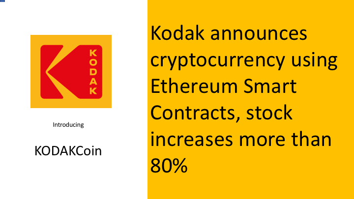 Kodak announces cryptocurrency using Ethereum Smart Contracts, stock increases more than 80%, ICO starts on Jan 31