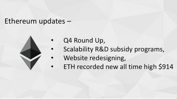 Ethereum updates - Q4 Round Up, scalability R&D subsidy programs, website redesigning, ETH recorded new all time high $914