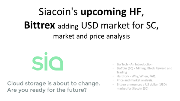 Siacoin's upcoming HF, Bittrex adding USD market for SC, market and price analysis
